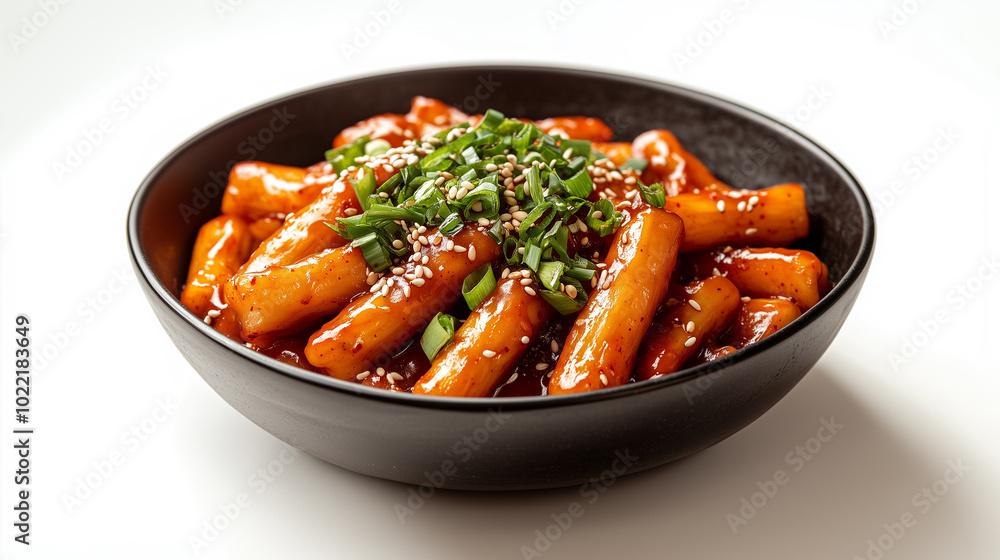 Delicious tteokbokki, popular Korean dish, features chewy rice cakes coated in spicy and sweet sauce, garnished with green onions and sesame seeds. Delicious tteokbokki, popular Korean dish, features chewy rice cakes coated in spicy and sweet sauce, garnished with green onions and sesame seeds.
