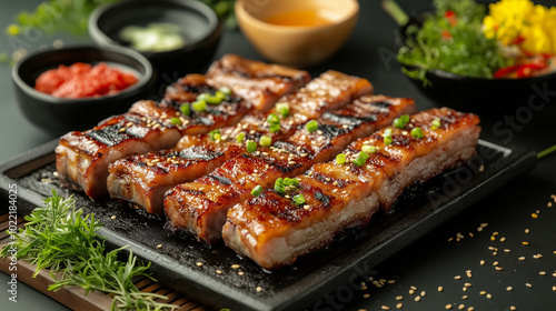 Delicious grilled pork belly served on sizzling plate, garnished with green onions and accompanied by various dipping sauces.