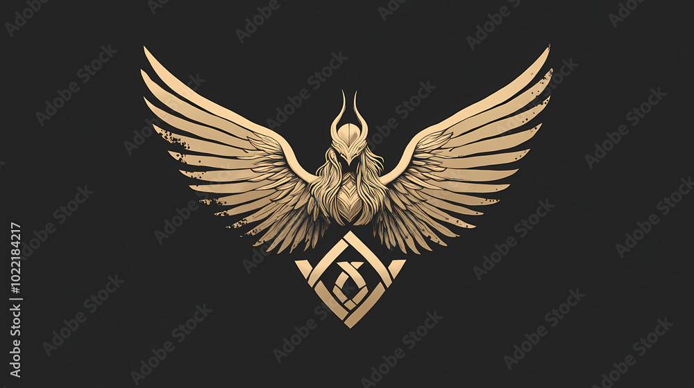 Obraz premium Bold graphic logo incorporating valkyrie wings with a norse rune at the centerblending mythology with contemporary design aesthetics. Valkyrie on Wings. Illustration