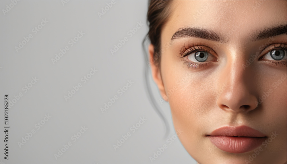 Fototapeta premium Close-up Photograph of a Woman's Face with Natural Makeup and Smooth Skin - Beauty and Skincare