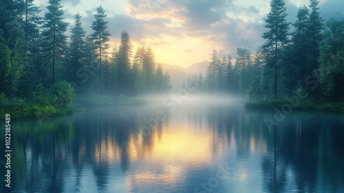 Tranquil morning scene with misty river and forest reflections.