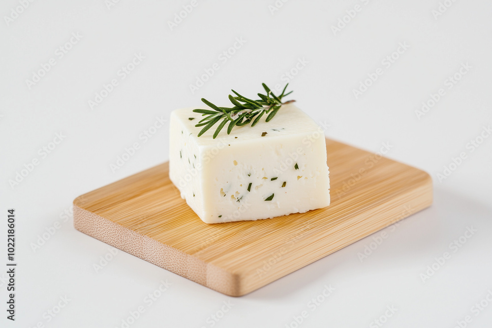 Herb-Sprinkled White Cheese on Wooden Board, soft crumbly texture, fresh rosemary, clean white background, culinary close-up, natural lighting. Herb-Sprinkled White Cheese on Wooden Board, soft crumbly texture, fresh rosemary, clean white background, culinary close-up, natural lighting.