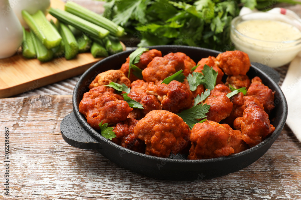 Baked cauliflower buffalo wings with parsley in baking dish on wooden table, closeup Baked cauliflower buffalo wings with parsley in baking dish on wooden table, closeup