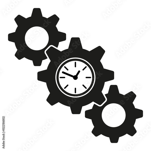 Clock gear icon. Time management cogwheel. Black machinery vector. Mechanical system symbol.