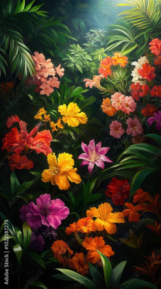 Vibrant flowers in diverse colors, surrounded by lush green leaves, highlighting nature's beauty. Vibrant flowers in diverse colors, surrounded by lush green leaves, highlighting nature's beauty.