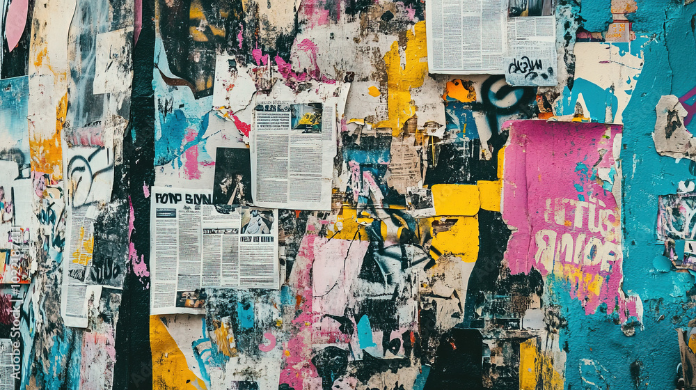 Abstract backdrop with collage of newspaper or magazine clippings, colorful grunge background with graffiti Abstract backdrop with collage of newspaper or magazine clippings, colorful grunge background with graffiti