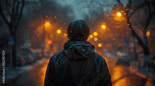 Lonely Figure Walking in the Snow at Night