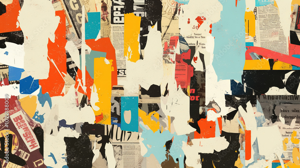 Fototapeta premium Abstract backdrop with collage of newspaper or magazine clippings, colorful grunge background with graffiti