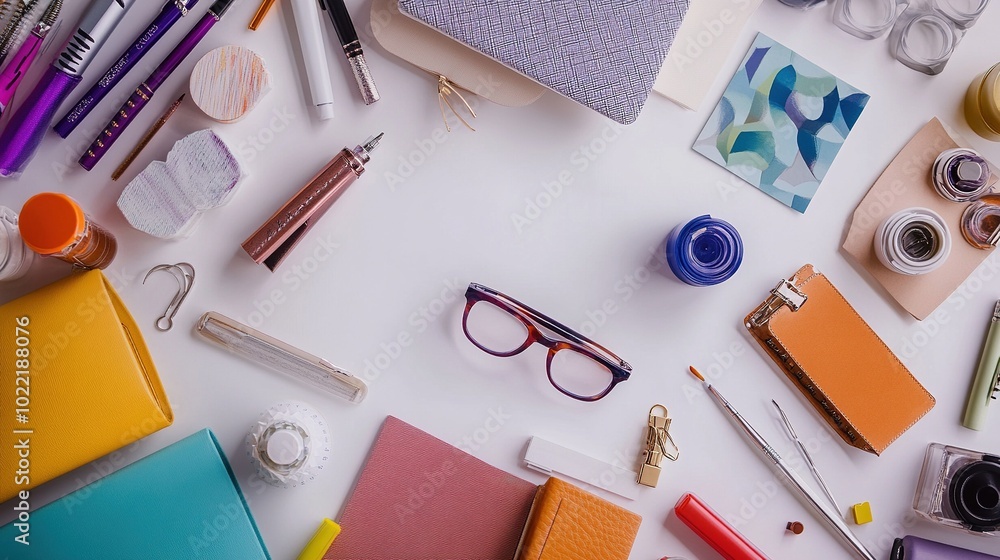 Colorful Office Supplies and Stationery Arrangement Colorful Office Supplies and Stationery Arrangement