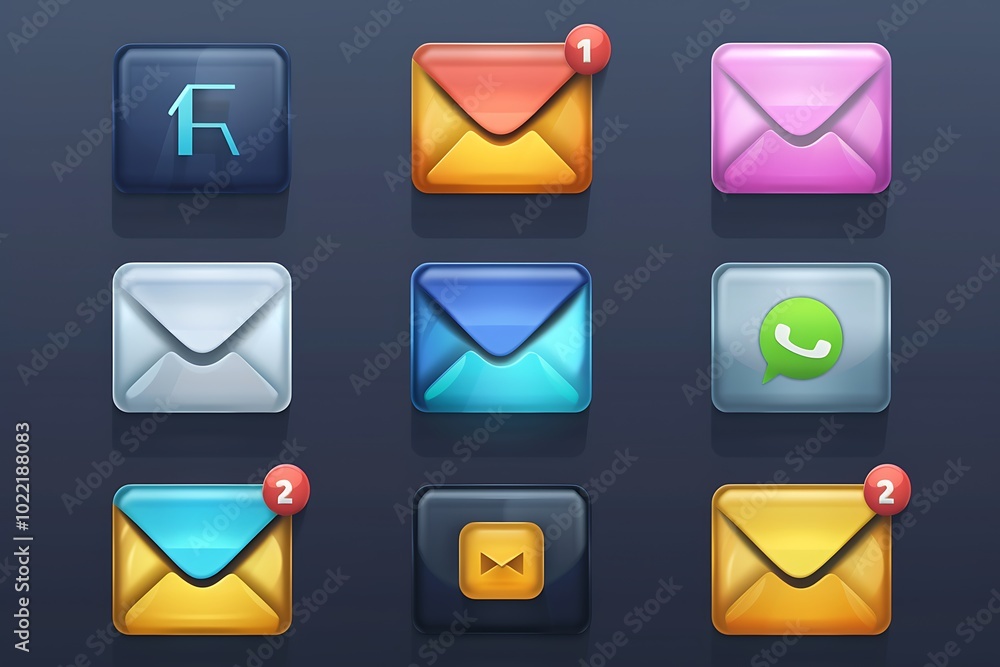 A mail icon set featuring various designs, including envelopes, inbox symbols, and notification badges, all crafted for easy use in digital interfaces. A mail icon set featuring various designs, including envelopes, inbox symbols, and notification badges, all crafted for easy use in digital interfaces.