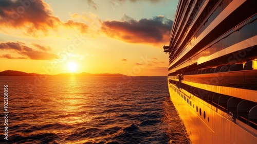 Cruise ship sailing at sunset, vibrant colors reflecting on water, serene ocean view, evening tranquility.