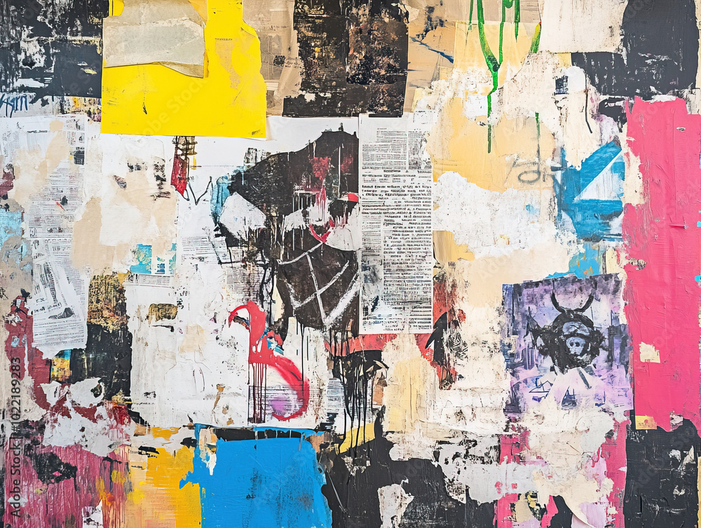 Abstract backdrop with collage of newspaper or magazine clippings, colorful grunge background with graffiti Abstract backdrop with collage of newspaper or magazine clippings, colorful grunge background with graffiti