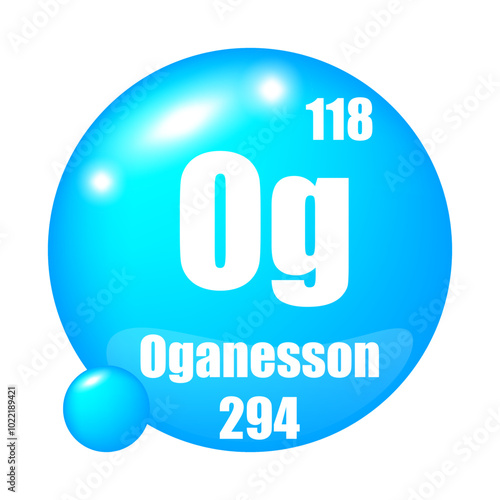 Oganesson icon. Og chemical element. Atomic number 118. Mass 294. Blue sphere image. Vector symbol. photo