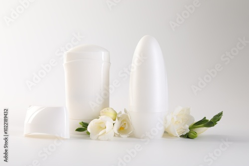Different deodorants and beautiful eustoma flowers on white background