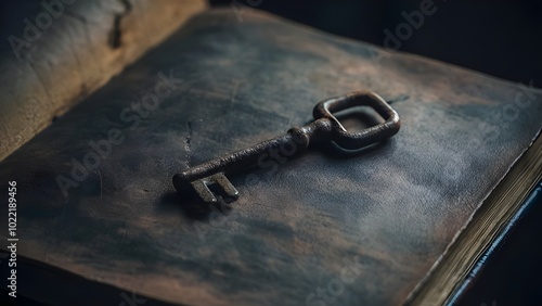 Rusty Iron Key on Old Leather-Bound Book