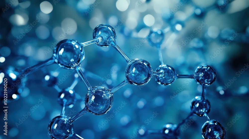 blue molecule atoms structures on blue liquid serum background. Science Molecular water drop DNA Model Structure Atoms bacgkround Medical blue molecule atoms structures on blue liquid serum background. Science Molecular water drop DNA Model Structure Atoms bacgkround Medical