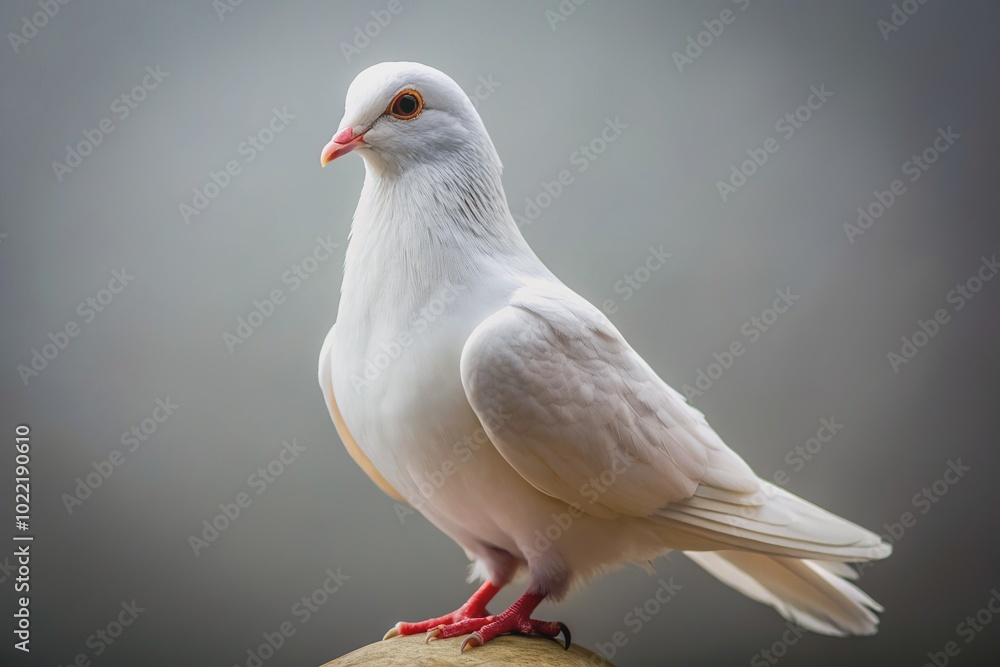 Obraz premium Beautiful pure white pigeon with soft feathers and gentle eyes perched alone on a transparent background, showcasing serene elegance and peaceful atmosphere.