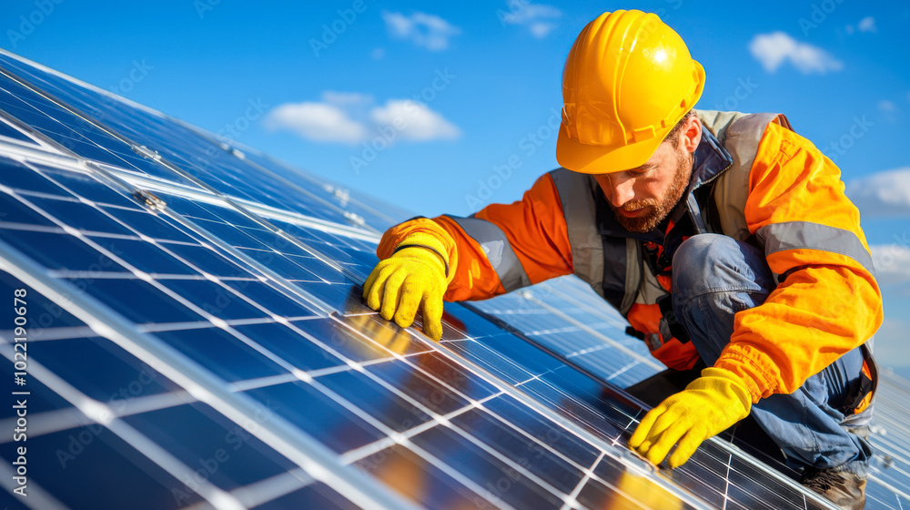 custom made wallpaper toronto digitalworker in hard hat and safety gear is carefully inspecting solar panels under bright blue sky. scene reflects dedication to renewable energy and safety in workplace