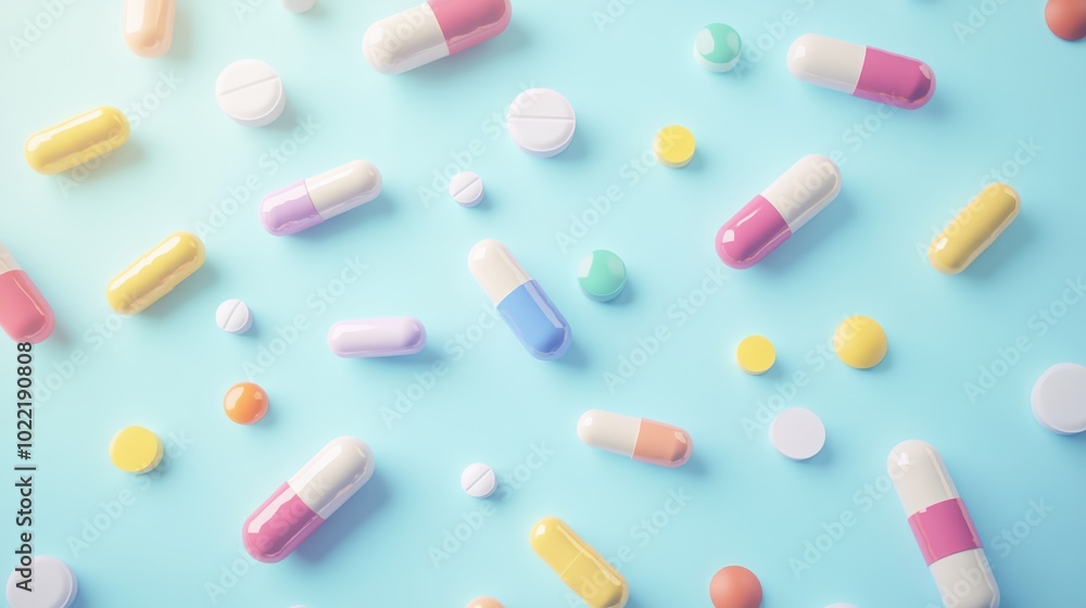 Colorful medicine tablets antibiotic pills on soft blue background Colorful medicine tablets antibiotic pills on soft blue background