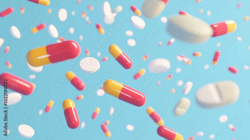 Colorful medicine tablets antibiotic pills on soft blue background Colorful medicine tablets antibiotic pills on soft blue background