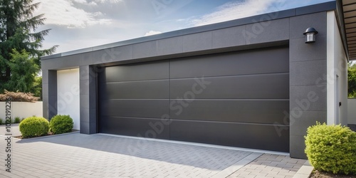 Modern black automatic garage door with sleek design and silver handle in front view, surrounded by clean white walls and a paved driveway.