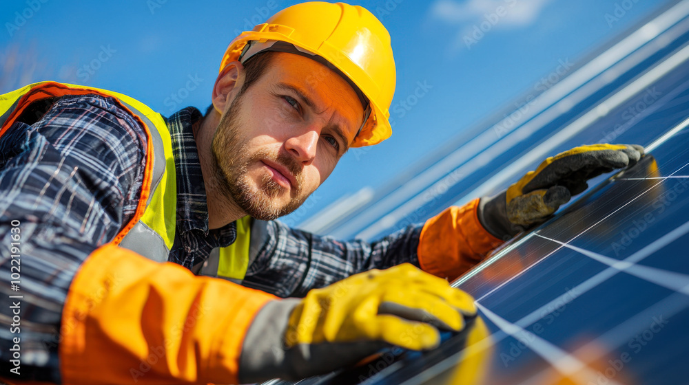 focused worker in hard hat and safety gear inspects solar panels under bright blue sky. His dedication to renewable energy is evident as he carefully examines panels focused worker in hard hat and safety gear inspects solar panels under bright blue sky. His dedication to renewable energy is evident as he carefully examines panels