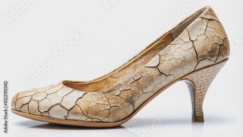 Close-up of dry, cracked, and worn-out heels with deep fissures and flaky skin, isolated on a clean white background, highlighting skin imperfections. photo