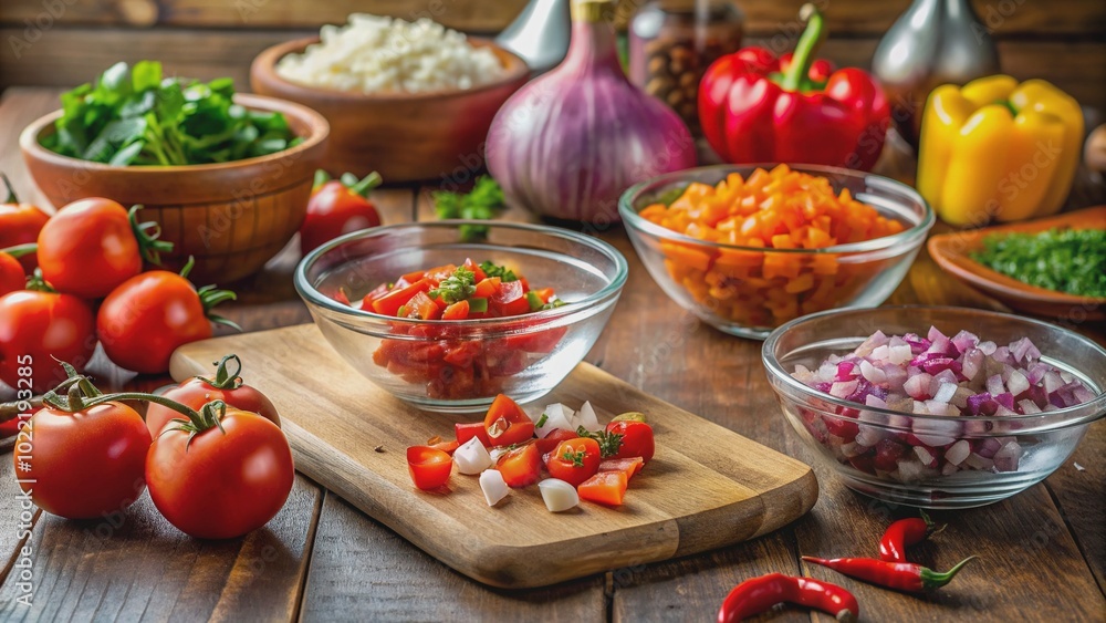 Empty kitchen counter with scattered utensils, three bowls of freshly chopped ingredients, including onions, tomatoes, and bell peppers, remaining from homemade salsa preparation. Empty kitchen counter with scattered utensils, three bowls of freshly chopped ingredients, including onions, tomatoes, and bell peppers, remaining from homemade salsa preparation.