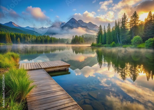 Serene misty morning scene featuring a tranquil lake's edge with lush greenery, rustic wooden dock, and calm waters reflecting majestic mountain scenery.