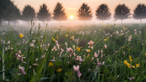 Tranquil Meadow at Sunrise with Wildflowers