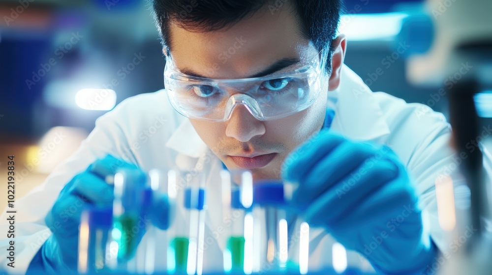 Pharmaceutical development: lab technician holding test tubes. Pharmaceutical development: lab technician holding test tubes.