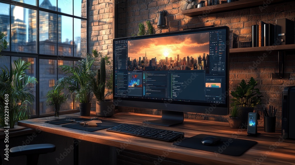 Modern workspace with a computer, plants, and city skyline view. Modern workspace with a computer, plants, and city skyline view.