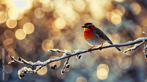 A small bird perches on a snow-covered branch in the warm glow of a winter sunset