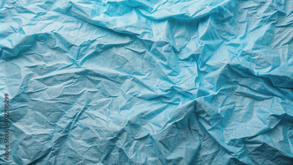 Obraz premium Softly rumpled blue paper texture with subtle wrinkles and gentle folds, resembling crumpled fabric, creating a calming and serene visual background.