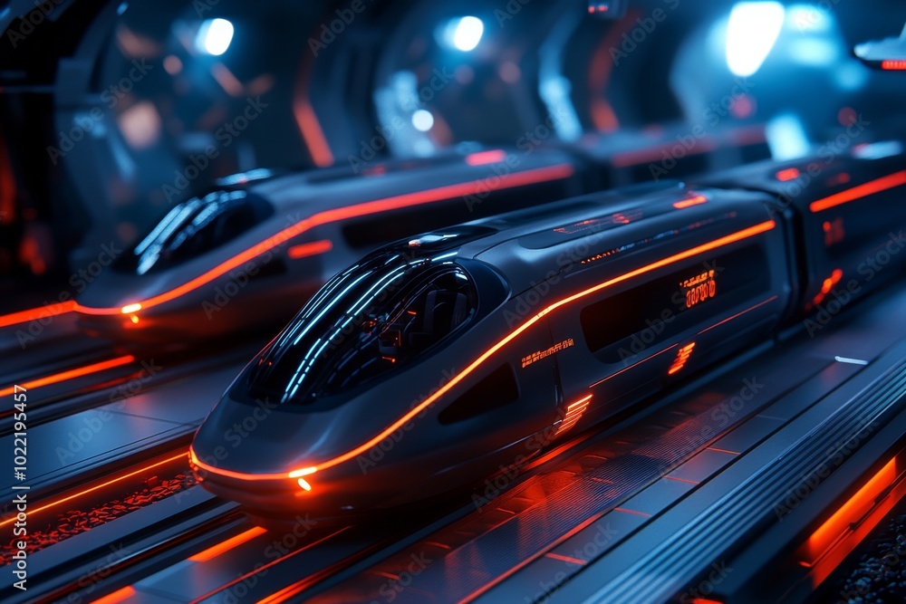 A 3D digital model of a futuristic hyperloop station, with sleek trains and modern architectural design A 3D digital model of a futuristic hyperloop station, with sleek trains and modern architectural design