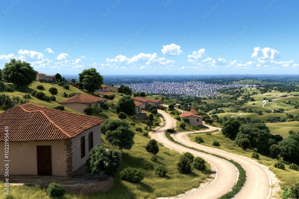 Obraz premium A 3D-rendered digital landscape showing the transition from a small, rural village to a sprawling city, with migration routes connecting the two in a single scene
