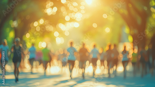 diverse group of people participating in charity walk or run for world health day blurred background