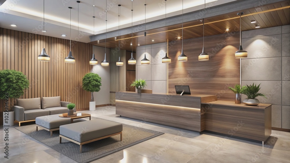 Fototapeta premium Modern office reception area features sleek front desk, stylish pendant lights, and plush seating in neutral tones, exuding professionalism and warmth.