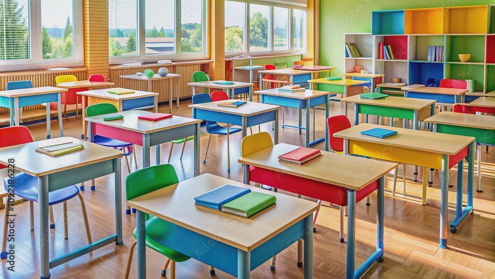 Colorful classroom scene with empty desks, chairs, and happy elementary student notebooks, pencils, and papers scattered, awaiting young learners' return to continue their educational journey. Colorful classroom scene with empty desks, chairs, and happy elementary student notebooks, pencils, and papers scattered, awaiting young learners' return to continue their educational journey.