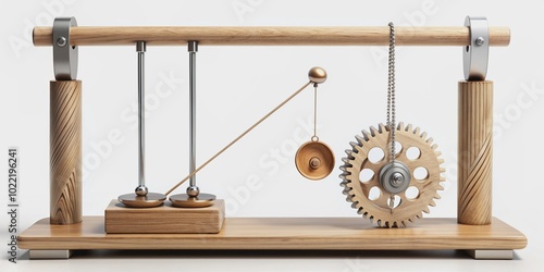 Mechanical advantage of Archimedes' principle, lever law, universally applicable physics concept, featuring wooden fulcrum, effort and load arms, with subtle gear and pulley hints. photo