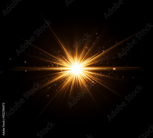 Beautiful optical golden lens flare burst isolated on a black background