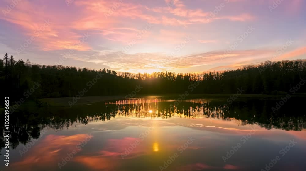 Tranquil Sunset Over a Serene Lake with Vibrant Reflections and Wispy Clouds Tranquil Sunset Over a Serene Lake with Vibrant Reflections and Wispy Clouds