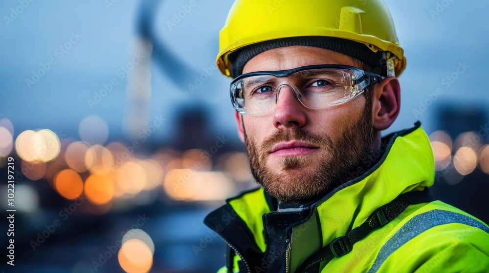 construction worker wearing yellow hard hat and safety glasses stands confidently against blurred city background, showcasing determination and professionalism construction worker wearing yellow hard hat and safety glasses stands confidently against blurred city background, showcasing determination and professionalism