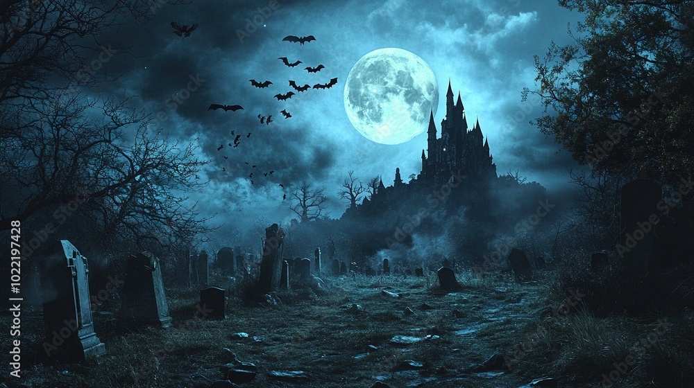 Fototapeta premium Spooky Graveyard with Full Moon and Castle