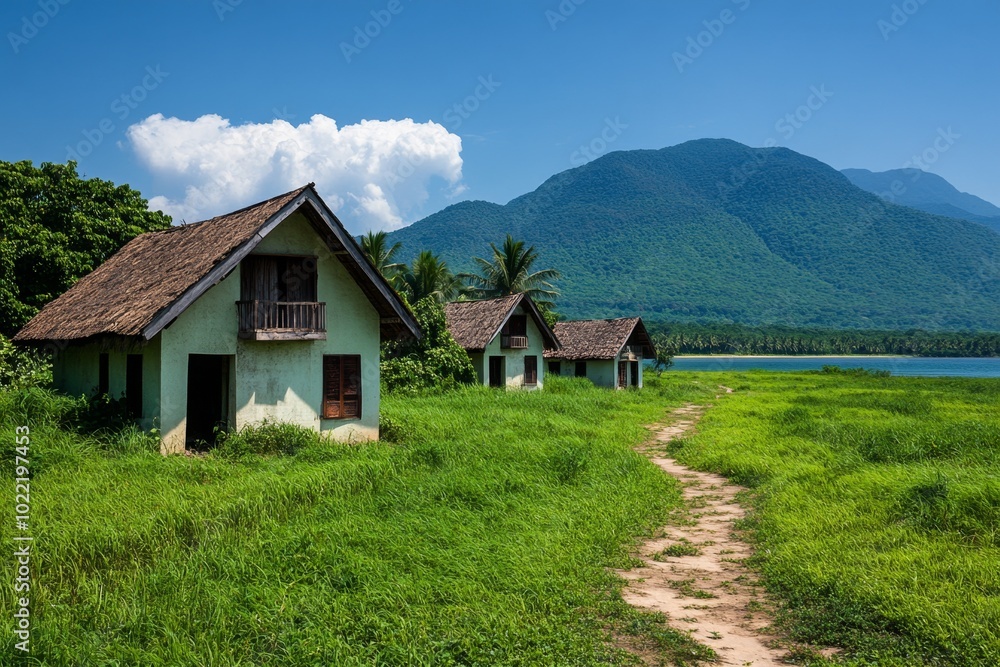 A deserted rural village with overgrown fields and abandoned houses, representing the impact of rural-to-urban migration A deserted rural village with overgrown fields and abandoned houses, representing the impact of rural-to-urban migration