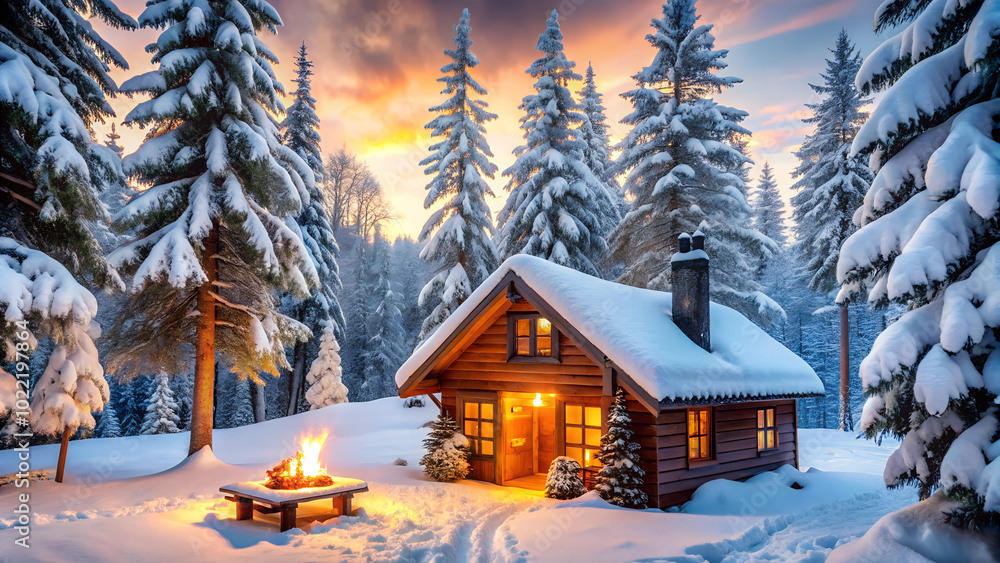 Fototapeta premium A cozy winter cabin with snow-covered trees outside and a warm fire inside