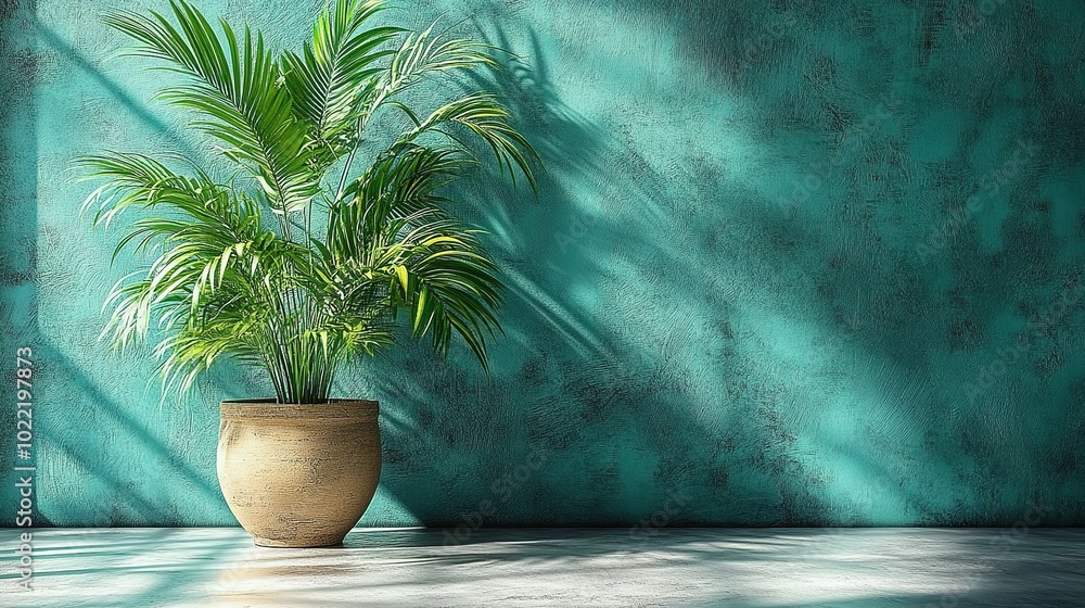 A potted palm tree against a textured teal wall A potted palm tree against a textured teal wall