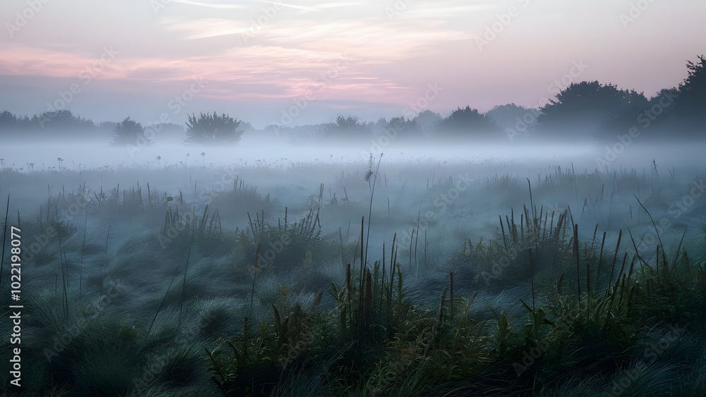 Misty Meadow at Sunrise with Clinging Fog Misty Meadow at Sunrise with Clinging Fog