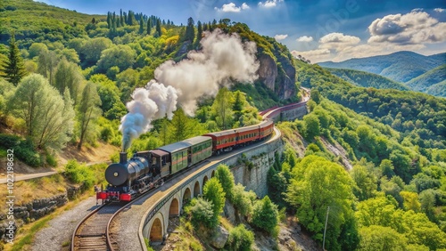 A vintage steam train chugs along the scenic Cévennes railway, surrounded by lush green forests and rolling hills in rural southern France.