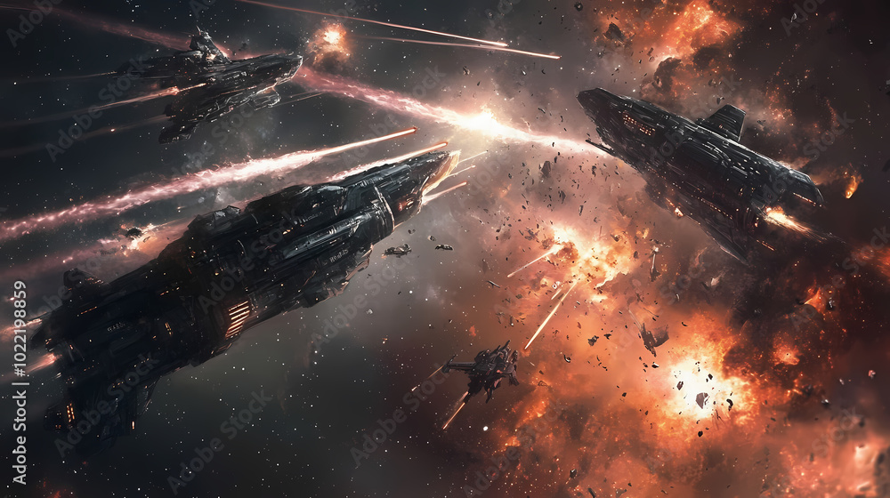 Fototapeta premium Epic space battle rages on with laser beams, explosions, and ships battling for supremacy. Starfighter Battle. Illustration